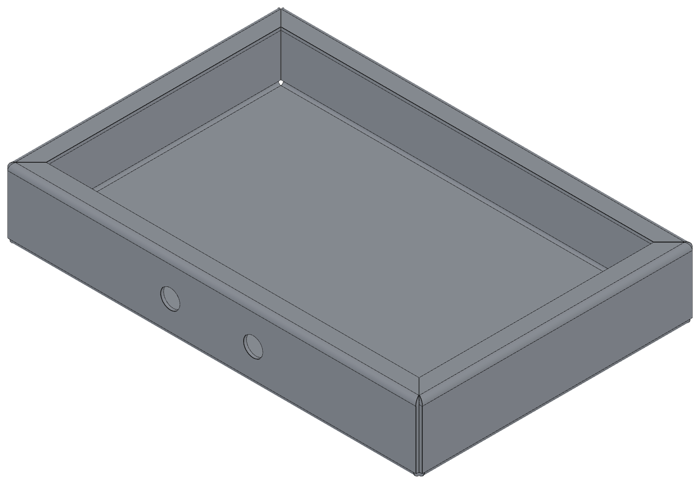 The same box folded: four walls turned up from the base, each finished with a return lip turned back inwards, and two holes on the front wall.