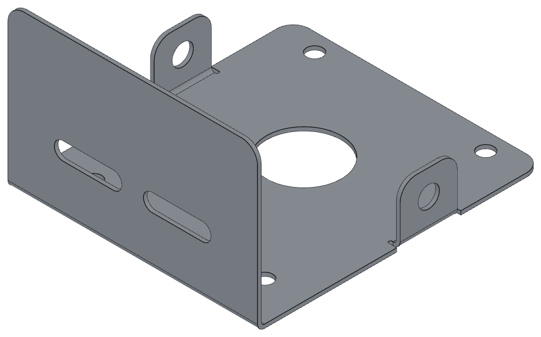 The same bracket folded: a base plate with a tall wall up one side and a small fixing tab turned up at each end, the holes and slots carried onto the faces they were drawn on.